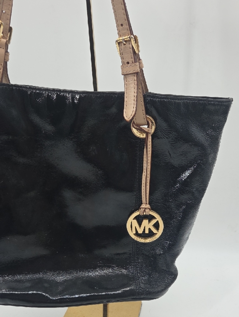 Michael Kors Black Patent Tote with Tan Straps and Gold MK Charm - Picture 3 of 16